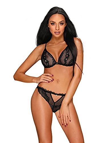 Selente Love & Fun verführerisches mehrteiliges Damen Dessous-Set aus BH, Slip & Satin-Augenbinde, Made in EU (S-M, Schwarz-offene Cups) von Selente