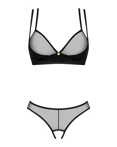 Selente Love & Fun verführerisches mehrteiliges Damen Dessous-Set aus BH, Tanga & Satin-Augenbinde, Made in EU (M/L, Schwarz-Mesh-Ouvert) von Selente