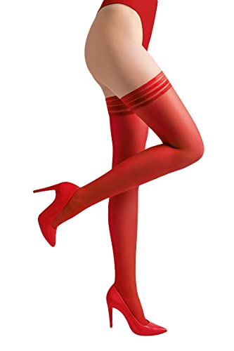 Selente Lovely Legs Damen halterlose Strümpfe mit breiter Spitze, made in EU, Halterlos-Rot-gestreifter Saum, Gr. XS-S von Selente