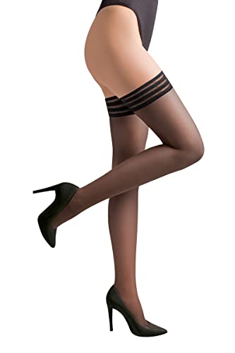 Selente Lovely Legs Damen halterlose Strümpfe mit breiter Spitze, made in EU, Halterlos-Schwarz-gestreifter Saum, Gr. M-L von Selente