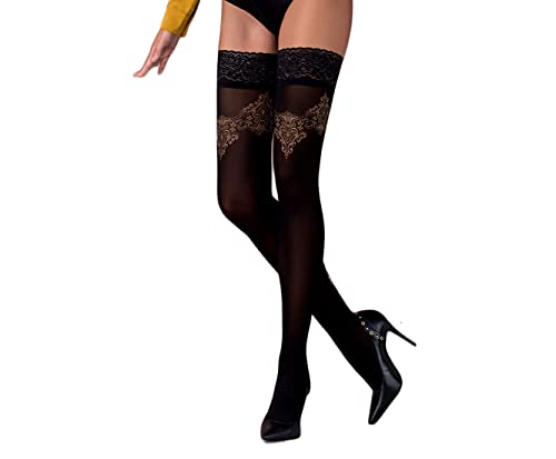 Selente Lovely Legs edle halterlose Damen Strümpfe (made in EU), schwarz-gold-ornament, Gr. M/L von Selente