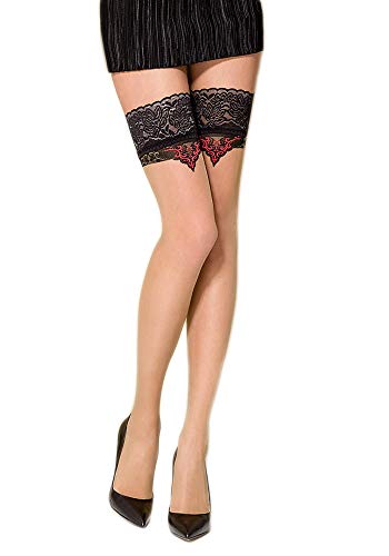 Selente Lovely Legs edle halterlose Damen Strümpfe (made in EU), schwarz rot mit Schleife und Rücknaht, Gr. S von Selente