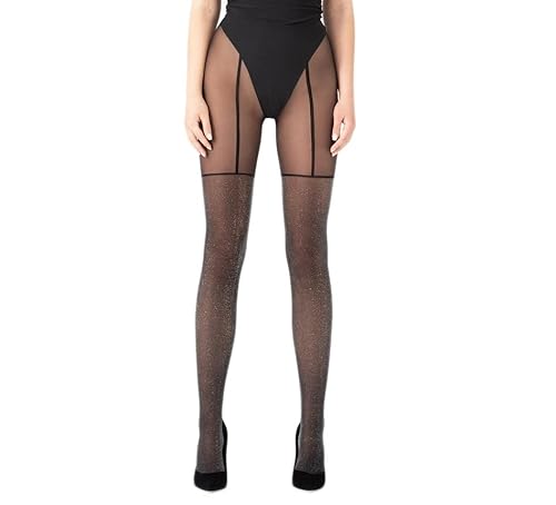 Selente Lovely Legs raffinierte Damen Strumpfhose in Strapsstrumpf-Optik, 40 DEN, made in EU, Schwarz-goldener Glitzer, Gr. L von Selente