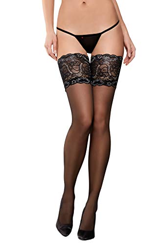 Selente Lovely Legs raffinierte halterlose Damen Strümpfe, 20 DEN, made in EU, schwarz-Spitze-breit, Gr. M von Selente