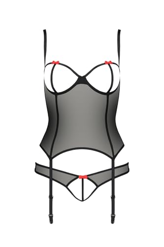 Selente Luxury Love 3-teiliges Damen Dessous-Set aus Ouvert-Corsage mit Strapshaltern, Slip und exklusiver Satin-Augenbinde Made in EU, Schwarz-Mesch-Ouvert,Gr. L-XL von Selente