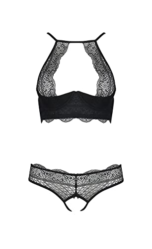 Selente Luxury Love edles 3-teiliges Damen Dessous-Set (Made in EU) aus BH, Slip & Satin-Augenbinde (S-M, schwarz-Spitze) von Selente