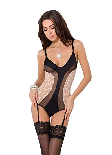 Selente Luxury Love edles 2-teiliges Damen Dessous-Set (made in EU) aus Body & exklusiver Satin-Augenbinde (L/XL, schwarz-weiße-Spitze_2) von Selente