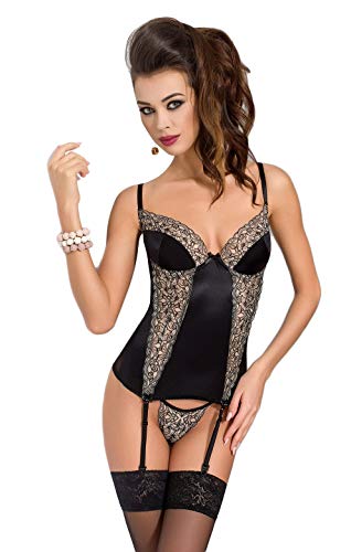 Selente Luxury Love verführerisches 3-teiliges Damen Dessous-Set aus Corsage mit Strapshaltern, Slip und exklusiver Satin-Augenbinde Made in EU, Schwarz-Ecru_Satin,Gr. S/M von Selente