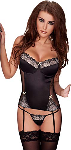 Selente Luxury Love verführerisches 3-teiliges Damen Dessous-Set aus Corsage mit Strapshaltern, Slip und exklusiver Satin-Augenbinde Made in EU, schwarz-Ecru,Gr. S/M von Selente