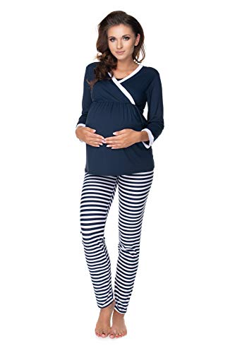 Selente Mummy Love 0150 Umstands-Schlafanzug (Made in EU) Pyjama/Nachtwäsche-Set für die Schwangerschaft und Stillzeit, Dunkelblau/Weiß gestreift, Gr. L-XL von Selente