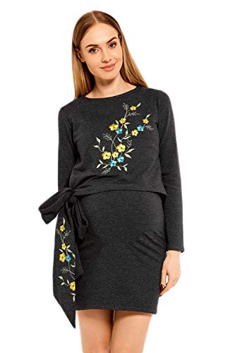 Selente Mummy Love Damen Umstandskleid (Made in EU) Schwangerschaftskleid mit Stillfunktion, mit Stickerei Langarm Dunkelgrau, Gr. S-M von Selente