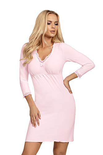 Selente Sweet Dreams Bezauberndes kurzes Nachthemd/Negligee mit Spitze, Langarm Rosa, Gr. 40 von Selente