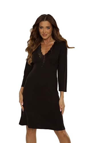 Selente Sweet Dreams Bezauberndes kurzes Nachthemd/Negligee mit Spitze, Langarm Schwarz Spitze, Gr. 4XL (48) von Selente