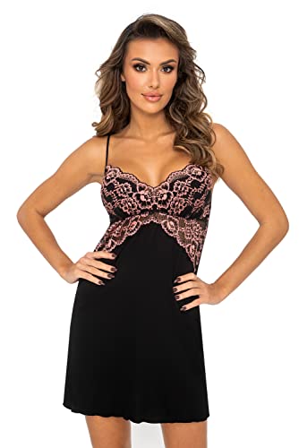 Selente Sweet Dreams Damen Elegantes kurzes Negligee/Nachthemd mit edler Spitze, Spaghettiträger Schwarz/Rosa, Gr. 36 von Selente