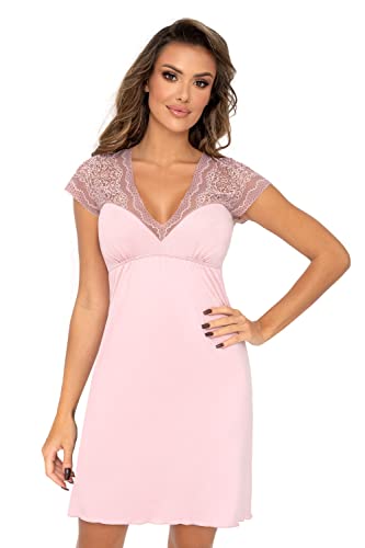 Selente Sweet Dreams Damen Elegantes kurzes Negligee/Nachthemd mit zarter Spitzenverzierung, Kurzarm Rosa, Gr. 36 von Selente