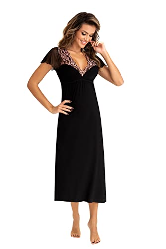 Selente Sweet Dreams Damen Elegantes langes Negligee/Nachthemd (Made in EU) mit edler Spitze, Lang Kurzarm Schwarz/Rosa, Gr. 36 von Selente