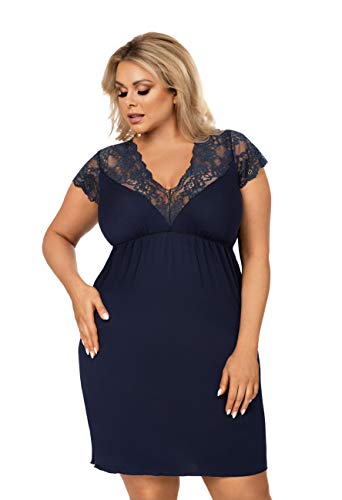 Selente Sweet Dreams Damen Plussize Nachthemd/Negligee mit edler Spitze, Dunkelblau Kurzarm, Gr. 50 von Selente