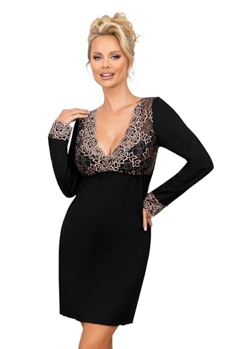 Selente Sweet Dreams Damen verführerisches kurzes Nachthemd/Negligee Langarm mit eleganter Spitze, Langarm Schwarz, Gr. 36 von Selente