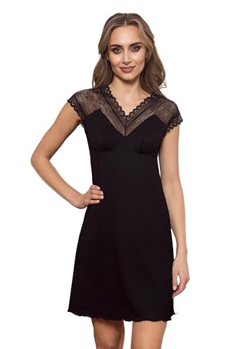 Selente Sweet Dreams Margaret Damen Elegantes Nachthemd/Negligee Kurzarm mit zarter Spitze, Schwarz Spitze, Gr. S von Selente