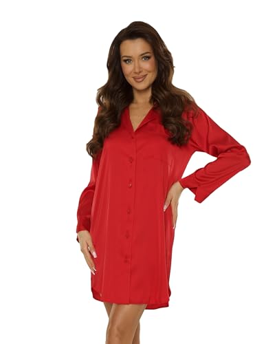 Selente Sweet Dreams edles Satin-Nachthemd (Made in EU) Langarm mit Knopfleiste & Brusttasche, Rot, Gr. XL (42) von Selente
