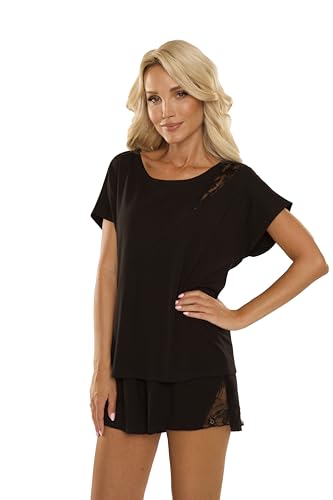 Selente Sweet Dreams lassiger Damen Shorty-Pyjama mit Spitze, aus weicher Viskose, Schwarz-Shorty Spitze, Gr. L (40) von Selente