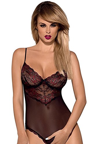 Selente Love & Fun verführerisches 2-teiliges Damen Dessous-Set aus Ouvert-Body & Satin-Augenbinde, made in EU, schwarz-bordeaux, Gr. S/M von Selente