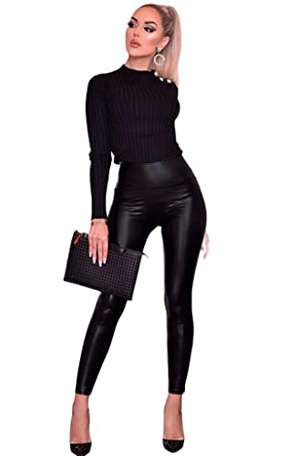 Selenzia Damen Leggings Kunstleder Leather High Waist Leggings Lederoptik Lederhose Booty PU Ladies Skinny Fit Leggins hüfthoch Thermal (DE/NL/SE/PL, Alphanumerisch, L, XL, Slim, Regular, Schwarz) von Selenzia