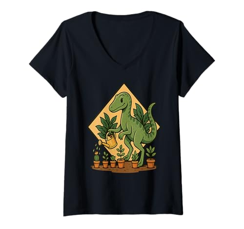 Damen Velociraptor Bewässerungspflanzen Selbstpflege Dino T-Shirt mit V-Ausschnitt von Self Care Dinosaurs