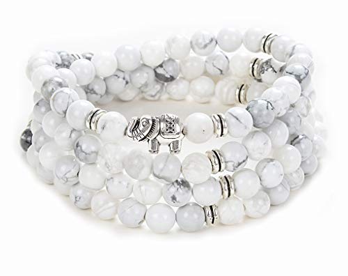 108 Mala-Stein-Perlen-Halsketten-Wrap-Handgelenk-Armband mit Elefanten-Charme-handgemachtes Schmuck-Geschenk (Weißer Howlith (White Howlite)) von Self-Discovery Mala