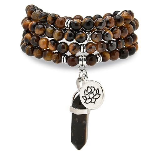 Armband-Halskette mit 108 natürlichen Mala-Gebetsperlen, Lotus-Anhänger und sechseckigem Prisma-Anhänger aus Reiki-Quarz (Braunes Tigerauge (Brown Tiger Eye)) von Self-Discovery Mala