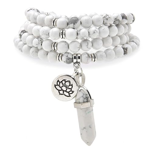 Armband-Halskette mit 108 natürlichen Mala-Gebetsperlen, Lotus-Anhänger und sechseckigem Prisma-Anhänger aus Reiki-Quarz (Howlith (Howlite)) von Self-Discovery Mala