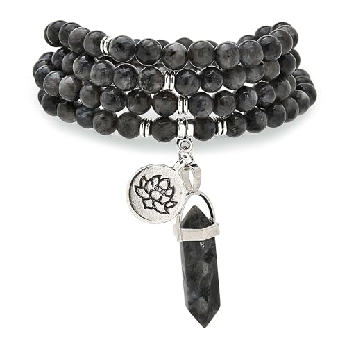 Armband-Halskette mit 108 natürlichen Mala-Gebetsperlen, Lotus-Anhänger und sechseckigem Prisma-Anhänger aus Reiki-Quarz (Labradorit (Labradorite)) von Self-Discovery Mala