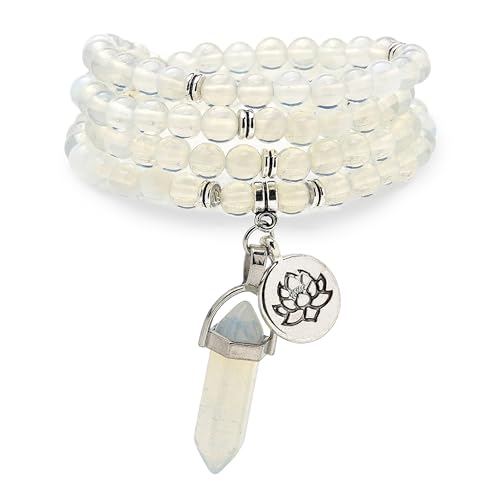 Armband-Halskette mit 108 natürlichen Mala-Gebetsperlen, Lotus-Anhänger und sechseckigem Prisma-Anhänger aus Reiki-Quarz (Opal) von Self-Discovery Mala