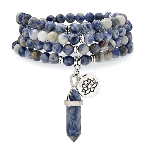 Armband-Halskette mit 108 natürlichen Mala-Gebetsperlen, Lotus-Anhänger und sechseckigem Prisma-Anhänger aus Reiki-Quarz (Sodalith (Sodalite)) von Self-Discovery Mala