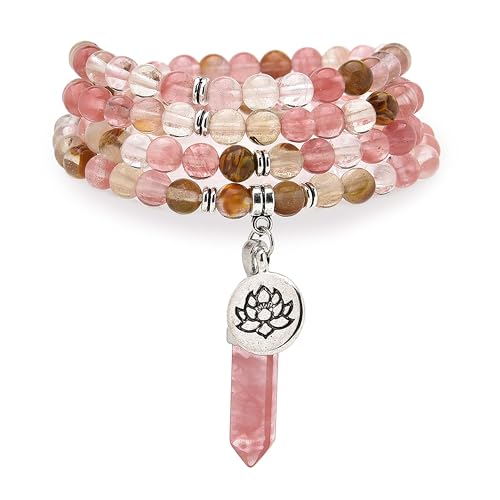 Armband-Halskette mit 108 natürlichen Mala-Gebetsperlen, Lotus-Anhänger und sechseckigem Prisma-Anhänger aus Reiki-Quarz (Wassermelonenturmalin (Watermelon Tourmaline)) von Self-Discovery Mala