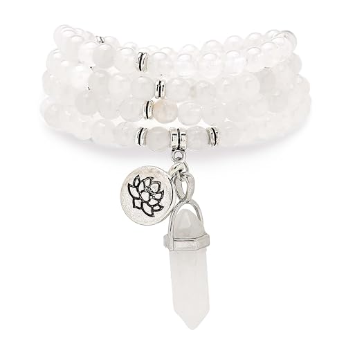 Armband-Halskette mit 108 natürlichen Mala-Gebetsperlen, Lotus-Anhänger und sechseckigem Prisma-Anhänger aus Reiki-Quarz (Weiße Jade (White Jade)) von Self-Discovery Mala