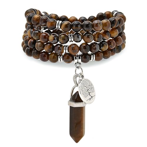 Baum des Lebens Charm, 108 Natürliche Mala Perlen Armband Spirituelle Halskette mit Reiki Quarz Hexagonal Prisma Anhänger (Braunes Tigerauge (Brown Tiger Eye)) von Self-Discovery Mala