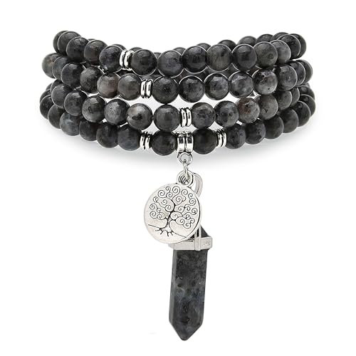 Baum des Lebens Charm, 108 Natürliche Mala Perlen Armband Spirituelle Halskette mit Reiki Quarz Hexagonal Prisma Anhänger (Labradorit (Labradorite)) von Self-Discovery Mala