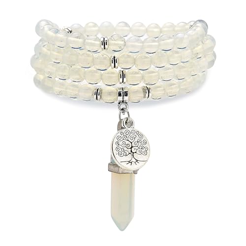 Baum des Lebens Charm, 108 Natürliche Mala Perlen Armband Spirituelle Halskette mit Reiki Quarz Hexagonal Prisma Anhänger (Opal) von Self-Discovery Mala