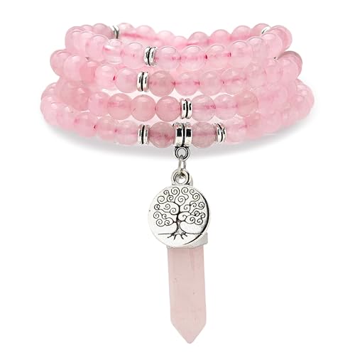 Baum des Lebens Charm, 108 Natürliche Mala Perlen Armband Spirituelle Halskette mit Reiki Quarz Hexagonal Prisma Anhänger (Rosenquarz (Rose Quartz)) von Self-Discovery Mala