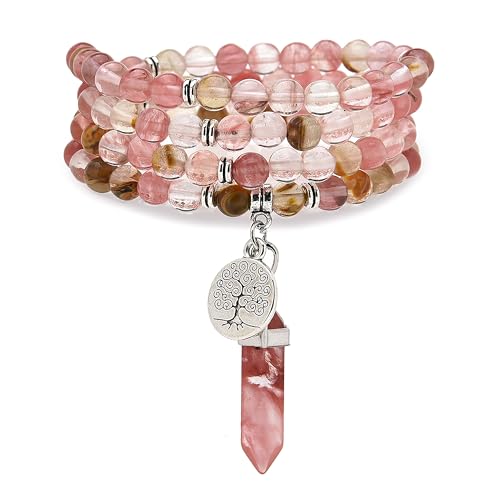 Baum des Lebens Charm, 108 Natürliche Mala Perlen Armband Spirituelle Halskette mit Reiki Quarz Hexagonal Prisma Anhänger (Wassermelonenturmalin (Watermelon Tourmaline)) von Self-Discovery Mala