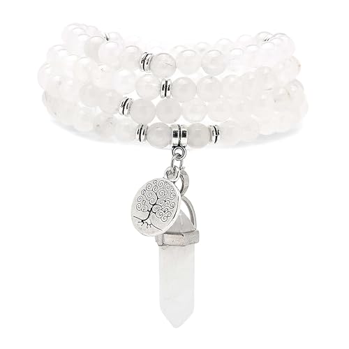 Baum des Lebens Charm, 108 Natürliche Mala Perlen Armband Spirituelle Halskette mit Reiki Quarz Hexagonal Prisma Anhänger (Weiße Jade (White Jade)) von Self-Discovery Mala
