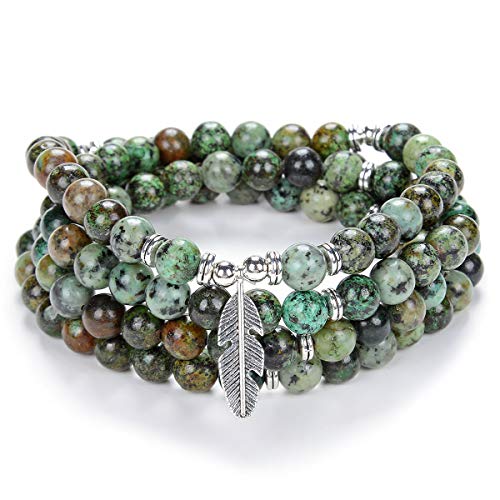 Inspirierendes Yoga-Perlen-Armband 108 Mala-Stein-Halskette mit zierlichem Glücksfeder-Anhänger (Afrikanischer Türkis (African Turquoise)) von Self-Discovery Mala