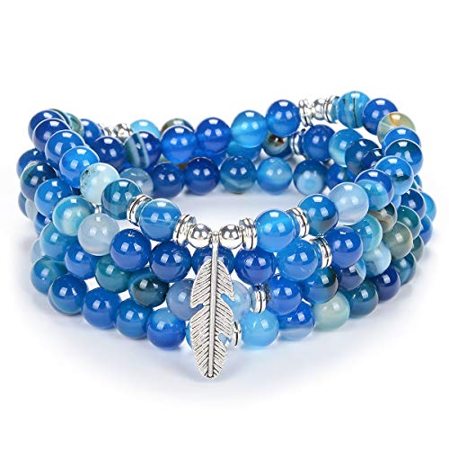 Inspirierendes Yoga-Perlen-Armband 108 Mala-Stein-Halskette mit zierlichem Glücksfeder-Anhänger (Blauer Achat (Blue Agate)) von Self-Discovery Mala