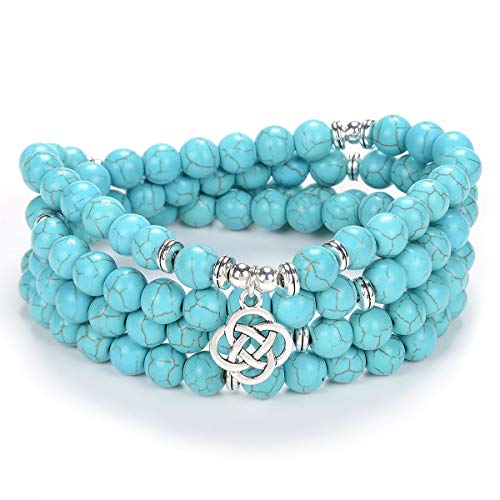 Keltische Geschenkideen 108 Mala Stein Perlen Armband Kristall Halskette mit Unendlichkeitsknoten Glücksbringer (Grüner Türkis (Green Turquoise)) von Self-Discovery Mala