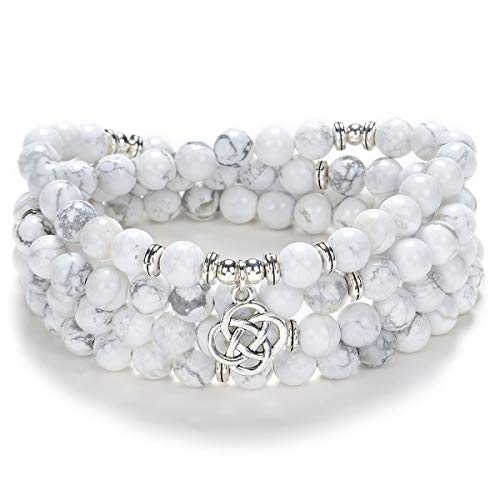 Keltische Geschenkideen 108 Mala Stein Perlen Armband Kristall Halskette mit Unendlichkeitsknoten Glücksbringer (Weißer Howlith (White Howlite)) von Self-Discovery Mala