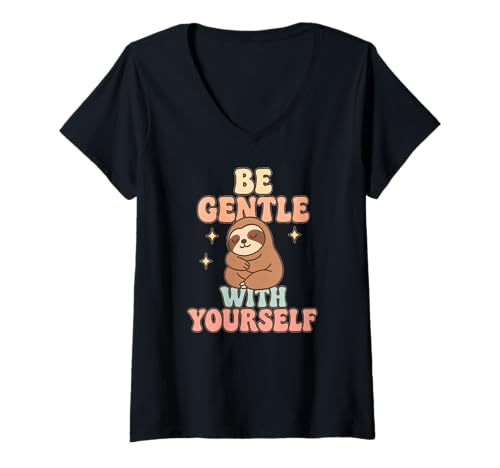 Damen Sei sanft zu dir selbst Süßes Faultier T-Shirt mit V-Ausschnitt Damen Sei sanft zu dir selbst Süßes Faultier T-Shirt mit V-Ausschnitt von Self Kindness Care Design Co.