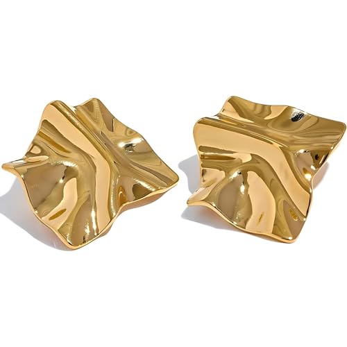 Self Love Club® Große Gold Ohrringe Damen aus 18K vergoldetem Edelstahl, Statement-Ohrringe, Chunky Ohrstecker gewellt rechteckig, Wasserfest & Hautverträglich von Self Love Club