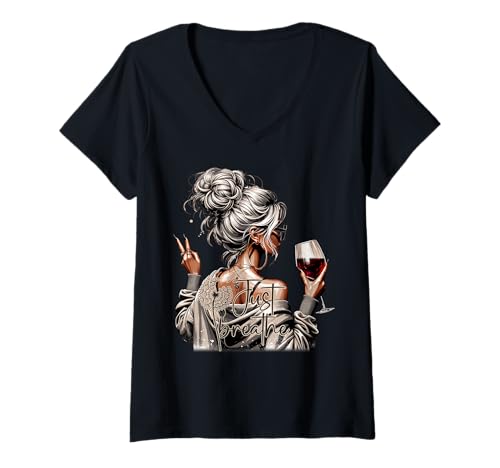 Damen Messy Bun Wine Just Breathe Mama zur Selbstpflege für Frauen T-Shirt mit V-Ausschnitt Damen Messy Bun Wine Just Breathe Mama zur Selbstpflege für Frauen T-Shirt mit V-Ausschnitt von Self Love Tees NYC