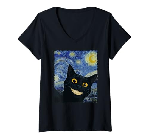 Damen Grinsende Katze Macht Selfie vor Van Gogh Sternennacht T-Shirt mit V-Ausschnitt Damen Grinsende Katze Macht Selfie vor Van Gogh Sternennacht T-Shirt mit V-Ausschnitt von Selfie Katze trifft berühmte Kunstwerke & Maler